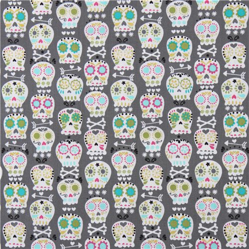 grauer Michael Miller Stoff bunte Totenköpfe Bonehead 2
