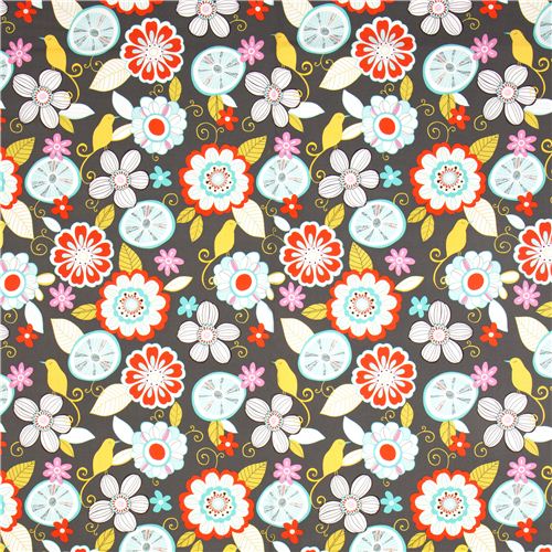 grey Michael Miller fabric with flowers & birds 2