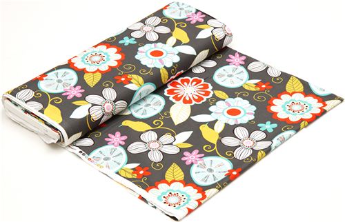 grey Michael Miller fabric with flowers & birds 3
