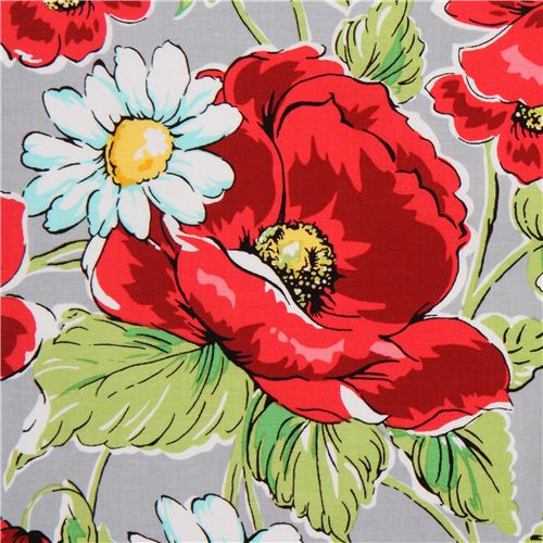 Tissu gris Michael Miller à fleurs avec des coquelicots Tissu