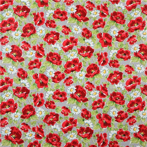 grey Michael Miller flower fabric with poppies Fabric by Michael Miller ...