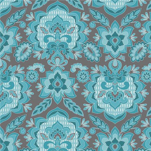 grey Riley Blake turquoise damask pattern fabric Fantine - modeS4u