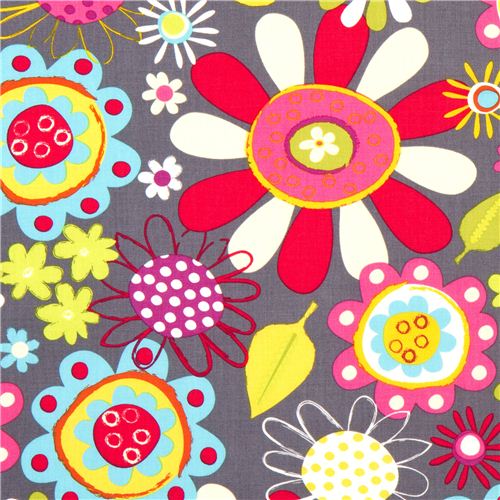 grey Robert Kaufman fabric with colourful flowers pink 1
