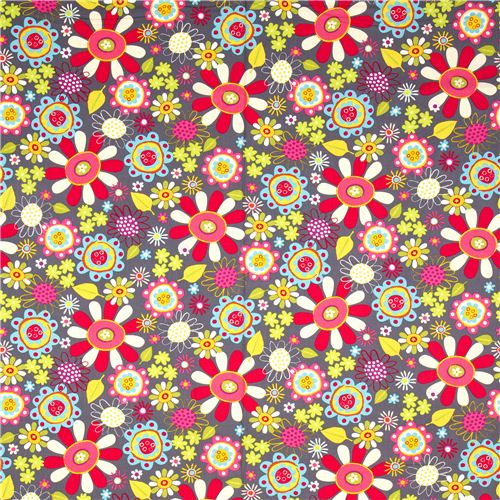 grey Robert Kaufman fabric with colourful flowers pink 2