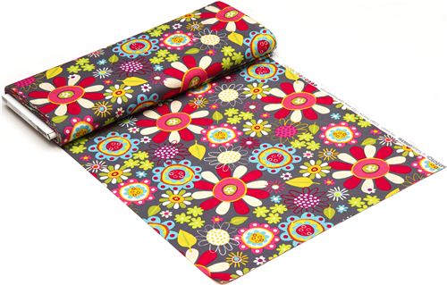 grey Robert Kaufman fabric with colourful flowers pink 3