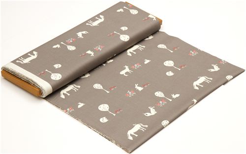 grey birch organic fabric with horse, fox, rabbit, bambi 3