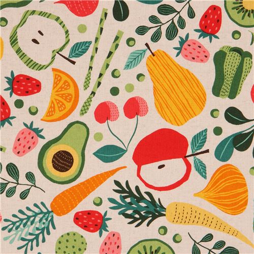 grey-brown canvas fabric cute colorful fruit vegetable from Japan 2