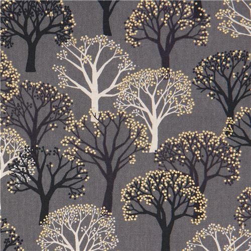 grey canvas fabric with trees and gold metallic embellishment by Cosmo Fabric