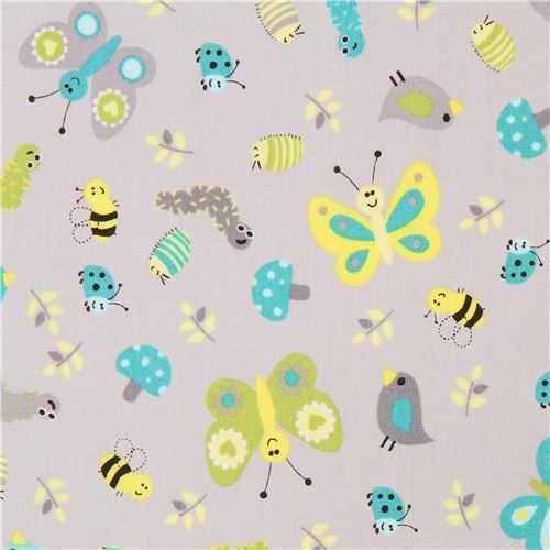 Tela gris lindo insecto bicho pájaro de colores hojas Whooo Loves You Tela