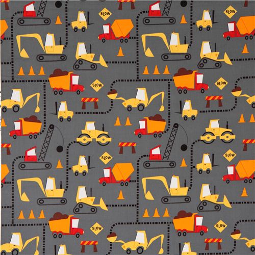 grey excavator fabric construction site by Robert Kaufman Fabric for