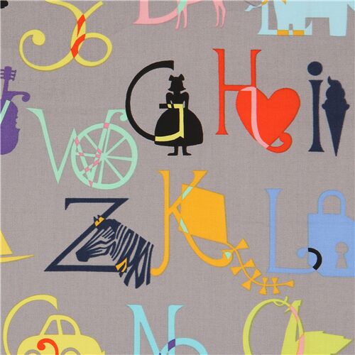 grauer Stoff mit buntem Alphabet - Reststück (112cm x 18cm)