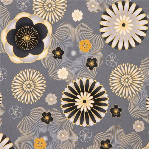 grey flower blossom fabric gold metallic Satsuki by Robert Kaufman USA ...