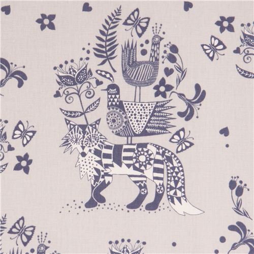 grey fox bird geo Canvas fabric Kokka Japan - modeS4u