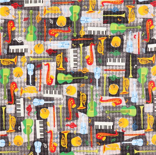 grey musical instrument fabric Robert Kaufman All that Jazz Fabric by