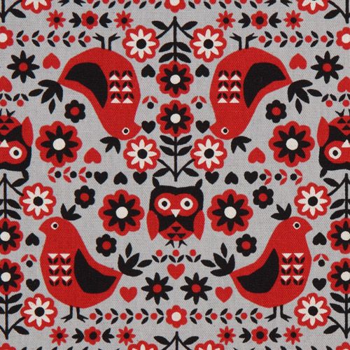 grey oxford fabric with red birds from Kokka Japan Tessuto