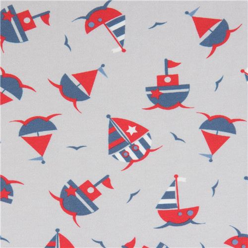 Tissu jersey Stof Fabrics gris avec des bateaux, des voiliers Tissu