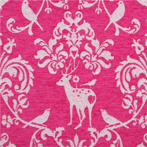 hot pink Jacquard echino fabric woodland stag deer bird 2
