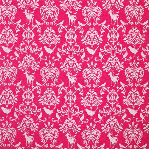 hot pink Jacquard echino fabric woodland stag deer bird 3