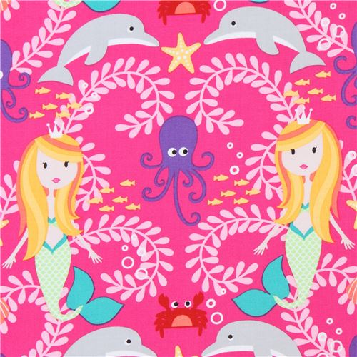 hot pink Michael Miller fabric mermaid dolphin crab sea creature Siren Sisters Fabric