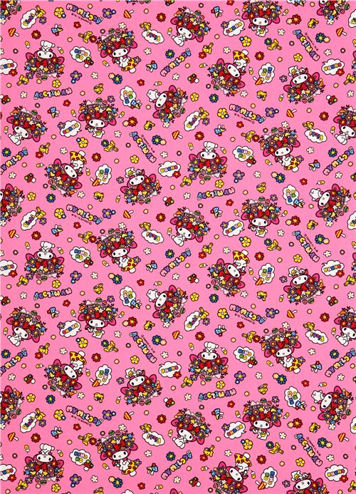 hot pink My Melody bunny flowers mushrooms Sanrio oxford fabric from Japan 2