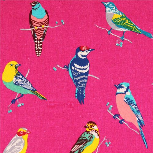 hot pink birds echino Canvas fabric with birds 1