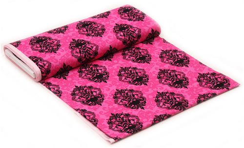 hot pink fabric with pink black leaf and Skulls 'Goth Damask' Michael Miller  3