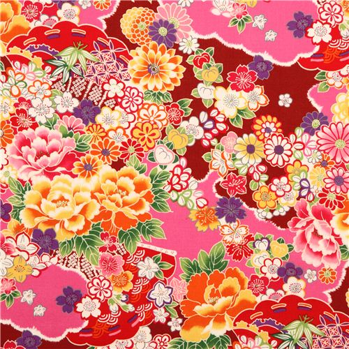 hot pink-red Asia flower Kokka fabric from Japan Fabric by Kokka - modeS4u