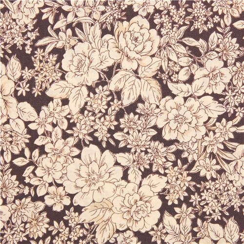 iillustrated floral cotton lawn dark brown fabric with roses pattern  Japanese - modeS4u