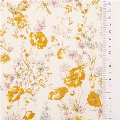 illustrated cream floral cotton lawn blooms yellow blue purple fabric