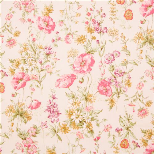 illustrated cream floral cotton lawn blooms yellow pink purple fabric ...