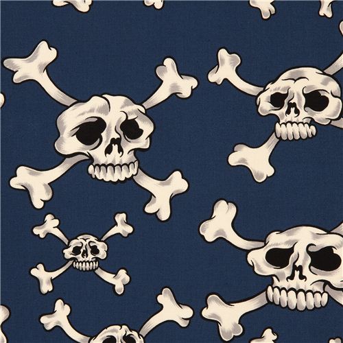 indigo Alexander Henry fabric with white skulls and bones Fabric