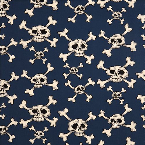 indigo Alexander Henry fabric with white skulls and bones 2