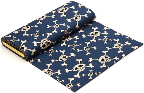 indigo Alexander Henry fabric with white skulls and bones 3