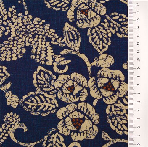 indigo blue cotton fabric with beige and red florals in batik style ...