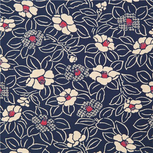 tecido de algodão azul índigo com flores de camélia tsubaki bege e vermelha  do Japão - modeS4u