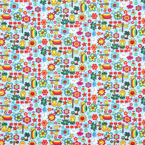 kawaii blue animal and fruit fabric TransPacific Textiles Fabric by