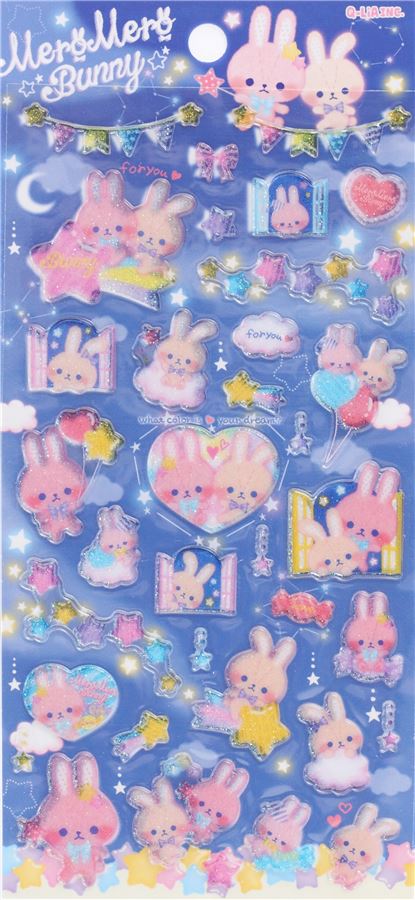 kawaii hard 3D glitter stickers with colorful rabbit star Japan ...