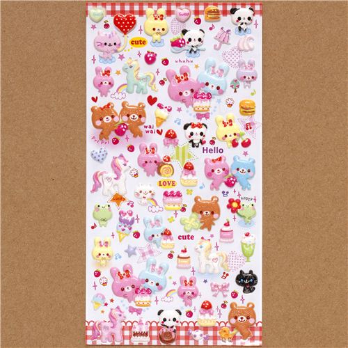 kawaii puffy stickers with rabbit bear & sweets - Animal Stickers ...