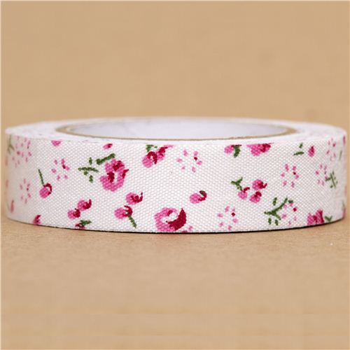 kawaii white Fabric Deco Tape with small pink flowers 1