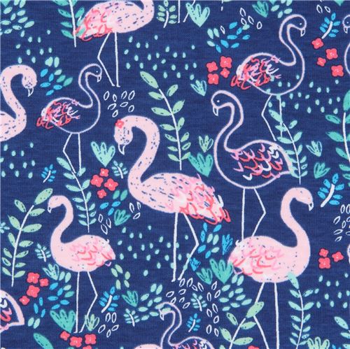 knit fabric flamingo in navy blue by Dear Stella Fabric