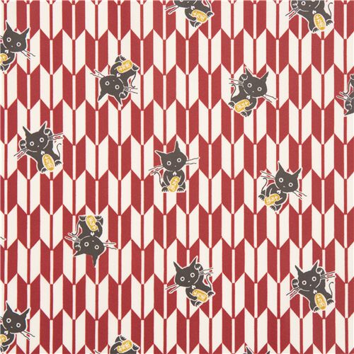 tessuto rosso bianco frecce gatti neri perplessi cotone laminato Giappone - Ritagli (110cm x 70cm)