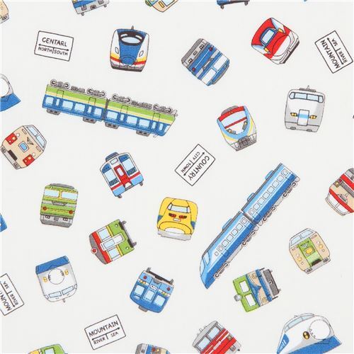 laminate fabric by Cosmo in off-white with small colorful trains Fabric