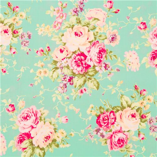 large bouquets of pink roses pastel blooms on light green cotton Japan ...