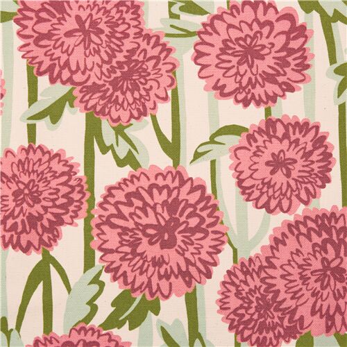 Tissu en coton Oxford crme avec de grandes fleurs roses et des feuilles Tissu