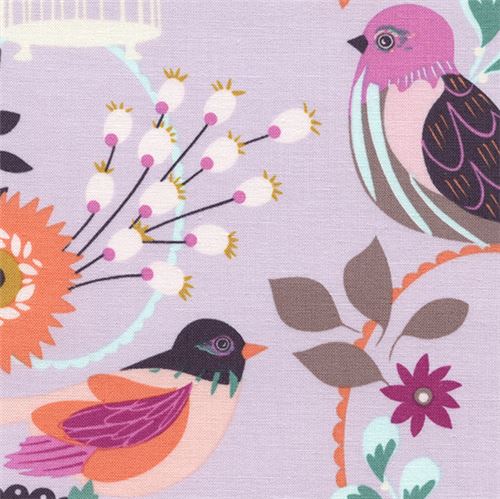 lavender fabric colorful flower bird cage by Timeless Treasures Fabric ...