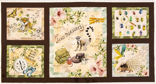 Tissu marron  panneaux en coton insectes, lopards, porcs-pics Tissu