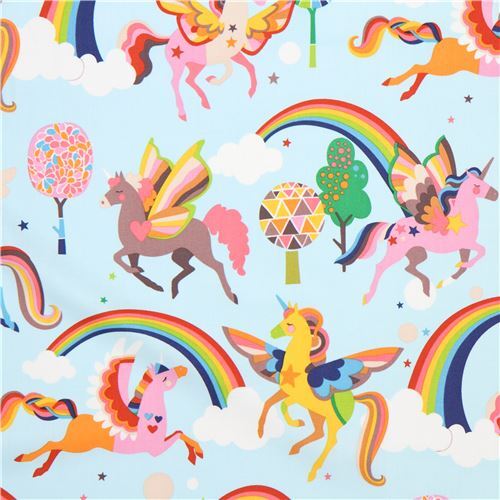 light blue Alexander Henry fabric cute colorful unicorn Magic Rainbow ...