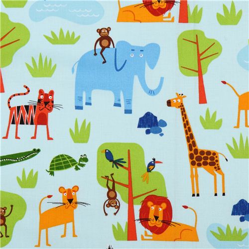 light blue Jungle Party jungle animal fabric by Robert Kaufman Fabric ...