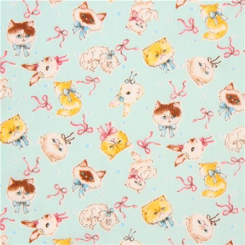 light blue Kokka double gauze cute cat rabbit bow dot fabric from Japan Fabric