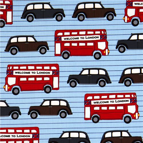 light blue London fabric bus & car Robert Kaufman USA 1